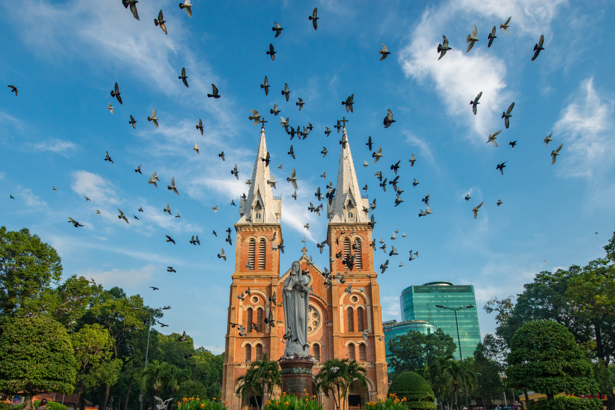 Notre Dame Cathedral in Ho Chi Minh City with clear February skies